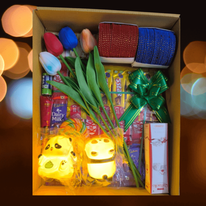Premium Surprise Gift Box – LED Panda Lights, Tulip Flowers & Chocolate Hamper